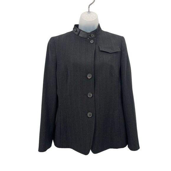 Akris Punto Blazer Women's Size 8 Black Grey Striped Wool Leather Jacket Evening - Picture 3 of 16